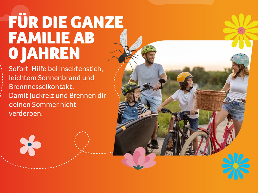 Familie fährt Fahrrad. Werbung für Fenistil Kühl Roll-on. Text: Für die ganze Familie ab 0 Jahren.